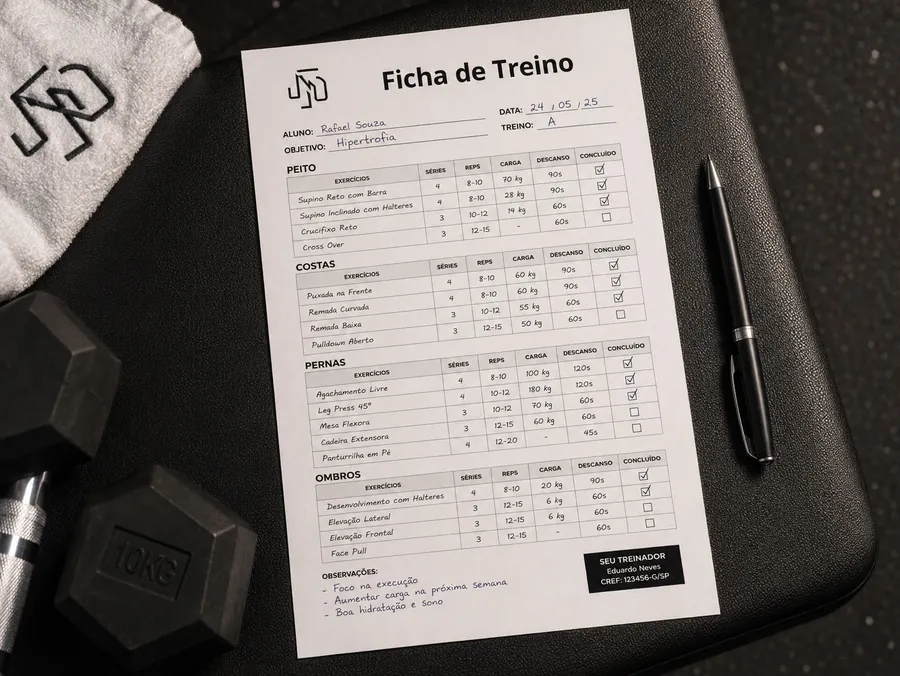 Ficha de acompanhamento de treino de musculação em prancheta